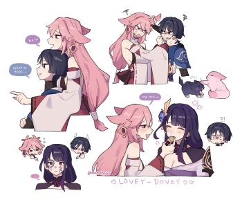 1boy 2girls ? anger_vein angry animal_ear_piercing animal_ears arm_up armor artist_name bare_shoulders blue_eyes blue_hair blunt_bangs blush breasts bridal_gauntlets cheek_pinching chibi cleavage closed_eyes closed_mouth commentary confused couple detached_sleeves eating english_commentary english_text facial_mark feeding fighting from_side genshin_impact grabbing_another&#039;s_ear hair_between_eyes hair_ornament hand_on_another&#039;s_ear highres japanese_clothes kimono leaning_forward leaning_on_person long_hair mother_and_son multiple_girls neck_ribbon nonons off_shoulder open_mouth pinching pink_hair purple_eyes purple_hair purple_kimono raiden_shogun red_ribbon ribbon sash scaramouche_(cat)_(genshin_impact) scaramouche_(genshin_impact) shaded_face short_hair shoulder_armor sideboob simple_background smile speech_bubble standing sweatdrop teeth twitter_username wanderer_(genshin_impact) white_background wide_sleeves yae_miko yae_miko_(fox) yuri