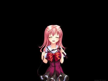 1girl ^_^ asahina_hiyori_(hara_hara!!) black_background blush bow bowtie breasts clenched_hands closed_eyes collarbone cowboy_shot fumizuki_yukari game_cg grey_skirt hair_between_eyes hair_bow hands_up hara_hara!! holding holding_whip large_breasts long_hair miniskirt non-web_source open_mouth pink_bow pink_hair pleated_skirt red_bow sailor_collar school_uniform serafuku short_sleeves simple_background skirt smile solo standing tachi-e tareme variant_set white_sailor_collar