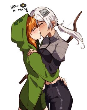 2girls absurdres blush bow_(weapon) creeparka creeper grey_hair greyl1me highres hood hoodie kiss long_hair long_sleeves minecraft multiple_girls pants personification skeleton_(minecraft) weapon white_background yuri