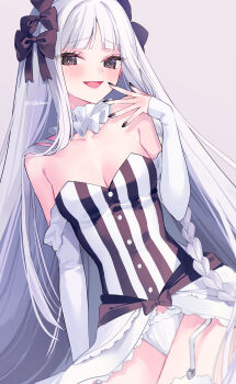 1388chan 1girl absurdres bare_shoulders black_bow blush bow braid breasts cleavage collar colored_inner_hair commentary_request detached_sleeves dress fate/strange_fake fate_(series) francesca_prelati_(fate) frilled_collar frills garter_straps grey_eyes grey_hair hair_bow highres long_hair looking_at_viewer medium_breasts multicolored_hair open_mouth panties parted_bangs ringed_eyes sidelocks smile solo striped_clothes striped_dress thighhighs thighs underwear very_long_hair white_dress white_hair white_panties white_thighhighs