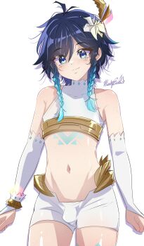 1boy absurdres aqua_eyes aqua_hair black_hair braid bulge chest_tattoo crop_top genshin_impact gradient_hair hashtag-only_commentary highres long_hair male_focus marky_evan multicolored_hair navel shirt shorts solo stomach tattoo trap twin_braids venti_(archon)_(genshin_impact) venti_(genshin_impact) white_background white_shirt white_shorts white_sleeves