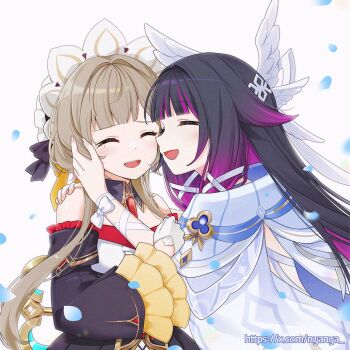 2girls arm_ribbon black_collar black_hair black_sleeves blue_petals blush bonnet bow brown_hair closed_eyes collar colored_inner_hair columbina_(genshin_impact) commentary_request detached_collar detached_sleeves dress falling_petals frilled_sleeves frills gem genshin_impact gloves gradient_hair hair_ribbon hand_on_another's_face hand_on_another's_shoulder head_wings laughing long_hair long_sleeves multicolored_hair multiple_girls nyanya petals purple_hair red_gem ribbon sandrone_(genshin_impact) simple_background smile tearing_up twitter_username upper_body watermark web_address white_background white_bow white_dress white_gloves white_ribbon white_wings winding_key wings wrist_bow