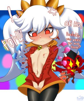 ! 1boy 1girl :&lt; absurdres anger_vein angry artist_name ashley_(warioware) black_hair black_pantyhose blush blush_stickers breasts closed_mouth collarbone covering_crotch covering_privates demon_horns demon_wings dress english_text fang floating hair_between_eyes hairband heart highres horns loli long_hair long_sleeves navel neckerchief nintendo no_bra open_mouth orange_hairband orange_neckerchief pantyhose polearm radiosylent red_(warioware) red_dress red_eyes sidelocks small_breasts smile sparkle standing stomach torn_clothes torn_dress trident twintails warioware weapon white_hair wide-eyed wide_sleeves wings