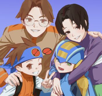 black_eyes black_hair blue_headband blue_helmet brothers brown_eyes brown_hair brown_shirt family glasses green_eyes group_picture haruka_hikari_(mega_man) headband helmet highres jinsu_exe lan_hikari_(mega_man) mega_man_(series) mega_man_battle_network_(series) megaman.exe one_eye_closed open_mouth orange_vest parted_lips purple_background shirt short_hair siblings simple_background smile twins upper_body v vest white_shirt yuichiro_hikari_(mega_man)