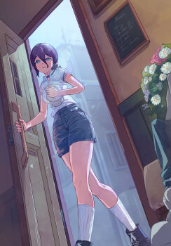 1boy 1girl absurdres black_choker blue_eyes blue_shorts bouquet chainsaw_man choker denji_(chainsaw_man) door flower hair_between_eyes hat highres holding holding_unworn_clothes holding_unworn_hat opening_door overcast polo_shirt purple_hair reze_(chainsaw_man) shirt shorts sky slothdev_(yat1215) socks solo_focus unworn_hat unworn_headwear white_flower white_shirt white_socks