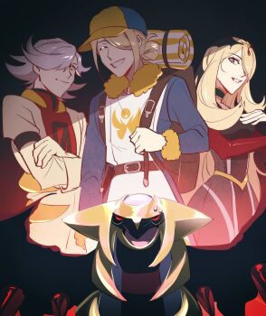 1girl 2b_(ivy_vs_) 2boys backpack bag black_dress black_sclera blonde_hair colored_sclera crossed_arms cynthia_(pokemon) cynthia_(sygna_suit)_(renegade)_(pokemon) dress gen_4_pokemon ginkgo_guild_uniform giratina giratina_(altered) grey_hair hair_over_one_eye highres legendary_pokemon multiple_boys nintendo official_alternate_costume open_mouth pokemon pokemon:_giratina_and_the_sky_warrior pokemon_(anime) pokemon_(creature) pokemon_dppt_(anime) pokemon_legends:_arceus pokemon_masters_ex red_eyes sweat trait_connection volo_(pokemon) wings zero_(pokemon)