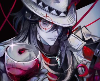 Rule 34 | 1boy, alcohol, ashveil (honkai: star rail), badge, black hair, crescent, cup, drinking glass, fedora, gradient hair, grey eyes, hair between eyes, hair ribbon, hashtag-only commentary, hat, highres, honkai: star rail, honkai (series), jacket, jewelry, light smile, long hair, looking at viewer, male focus, multicolored hair, necklace, open clothes, open jacket, red pupils, red wine, ribbon, sidelocks, sparkle, target, turtleneck, wine, wine glass, zainxx art