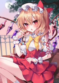 Rule 34 | 1girl, absurdres, bench, blonde hair, blurry, blush, breasts, commentary request, crystal wings, flandre scarlet, hat, highres, mob cap, open mouth, red eyes, red skirt, rori82li, shirt, side ponytail, sitting, skirt, small breasts, solo, touhou, white shirt, wings