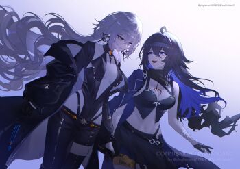 Rule 34 | 2girls, absurdres, aged up, ahoge, alternate design, arm out of sleeve, asymmetrical clothes, bandaged arm, bandages, benghuai xueyuan, black gloves, black jacket, black leotard, black pants, black skirt, breasts, bronya zaychik, center opening, chest tattoo, closed mouth, colored inner hair, commentary, commission, earrings, english commentary, gloves, grey eyes, grey hair, hair between eyes, highres, honkai (series), jacket, jewelry, leotard, long hair, looking at another, medium breasts, midriff, multicolored hair, multiple girls, navel, open mouth, pants, purple hair, purple jacket, seele vollerei, single pantsleg, skirt, smile, tattoo, thighs, ying haram