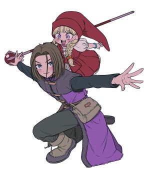 1boy 1girl bangle black_pants black_shirt blonde_hair blue_eyes boots bracelet braid brown_boots brown_hair carrying dq_yukiyuki dragon_quest dragon_quest_xi dress full_body hat hero_(dq11) highres holding holding_staff jewelry long_hair medium_hair on_one_knee outstretched_arms pants parted_bangs phrygian_cap piggyback puffy_short_sleeves puffy_sleeves purple_eyes purple_tunic red_dress red_hat shirt short_sleeves smile staff tunic twin_braids veronica_(dq11) white_background