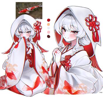 1girl absurdres animal_print artist_name blush carp closed_mouth covered_mouth cropped_torso fish_print full_body hands_up haze_(7h4ze) highres hood hood_up japanese_clothes kimono koi long_sleeves medium_hair multicolored_eyes multicolored_kimono multiple_views orange_kimono original own_hands_together personification photo_inset red_eyes red_kimono seiza simple_background sitting smile two-tone_eyes white_background white_eyes white_hair white_kimono wide_sleeves