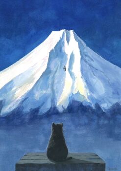 animal animal_focus artist_name bird black_cat blue_sky cat day goma_ramen_(gomaramen888) hashtag-only_commentary highres mountain no_humans original outdoors sky