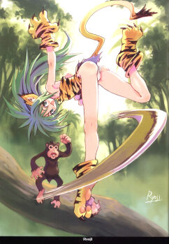 1girl animal_ears animal_hands animal_print ass boomerang cat_ears cat_tail cham_cham fang gloves green_eyes green_hair highres long_hair mexico monkey paku_paku panties paw_gloves paw_shoes ryoji_(nomura_ryouji) samurai_spirits shoes snk tail tiger_print underwear white_panties