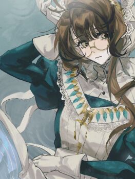 Rule 34 | 1girl, :|, apron, arm behind back, arm up, blue dress, brown hair, closed mouth, dress, glasses, gloves, green eyes, grey background, hat, highres, juliet sleeves, kakania (reverse:1999), long hair, long sleeves, official alternate costume, puffy sleeves, reverse:1999, round eyewear, solo, upper body, white apron, white gloves, white hat, yongwu leyuan
