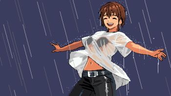 1girl belt black_belt black_bra blue_background bra brown_hair closed_eyes commentary_request hair_between_eyes happy kei_sakuragi leather leather_pants long_shirt medium_hair midriff navel open_mouth pants picopico256 pixel_art rain see-through_clothes see-through_shirt shirt smile solo teeth the_scramble_vice tomboy underwear upper_teeth_only wet wet_clothes wet_hair wet_shirt white_shirt