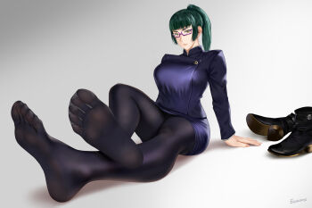 1girl ankle_boots artist_name belt_boots black_jacket black_pantyhose black_skirt boots breasts commentary_request crossed_legs easonx feet foot_focus green_hair grey_background high_heel_boots high_heels higher_resolution_available highres jacket jujutsu_kaisen large_breasts long_hair on_ground pantyhose pencil_skirt ponytail red-framed_eyewear semi-rimless_eyewear shoe_soles shoes simple_background skirt soles solo toes under-rim_eyewear unworn_boots unworn_shoes zen&#039;in_maki