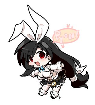 1girl :3 analog_clock animal_ears bare_shoulders belt belt_buckle black_hair black_skirt blue_bow blue_bowtie blush bow bowtie breasts buckle bunny_day chaotic_dragon chibi cleavage clock commentary_request crop_top detached_collar detached_sleeves earrings fake_animal_ears fake_tail final_fantasy final_fantasy_vii final_fantasy_vii:_ever_crisis full_body highres jewelry large_breasts long_hair looking_at_viewer low-tied_long_hair midriff navel official_alternate_costume open_mouth outstretched_arms rabbit_ears red_eyes skirt smile solo speech_bubble suspender_skirt suspenders swept_bangs tail tifa_lockhart tifa_lockhart_(bunny_bustier) very_long_hair white_background white_footwear white_sleeves wrist_cuffs