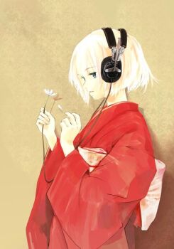 1girl blonde_hair commentary_request flower from_side green_eyes headphones holding holding_flower holding_petal japanese_clothes kimono obi original petals pioneer_corporation red_kimono sash short_hair simple_background solo takeshima_satoshi upper_body white_flower wide_sleeves