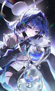 Rule 34 | 1girl, absurdres, black gloves, black shirt, black skirt, black thighhighs, blue bow, blue bowtie, blue eyes, blue hair, bow, bowtie, breasts, chain, chain headband, cleavage, cleavage cutout, closed mouth, clothing cutout, commentary, crop top, damoong, detached sleeves, frilled sleeves, frills, gloves, grey sleeves, hair intakes, half-skirt, halo, head chain, highres, hololive, hololive english, hourglass, jewelry, juliet sleeves, large breasts, light blush, long sleeves, looking at viewer, mechanical halo, medium hair, miniskirt, ouro kronii, ouro kronii (1st costume), pinstripe pattern, pinstripe shirt, pinstripe skirt, puffy sleeves, sailor collar, shirt, short hair, sitting, skirt, smile, solo, thighhighs, veil, vest, virtual youtuber, white sailor collar, white veil, white vest