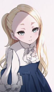 Rule 34 | 1girl, blonde hair, dress, grey eyes, highres, long hair, long sleeves, looking at viewer, mary (princess principal), nekota yama, princess principal, princess principal crown handler, puffy long sleeves, puffy sleeves, standing, white background