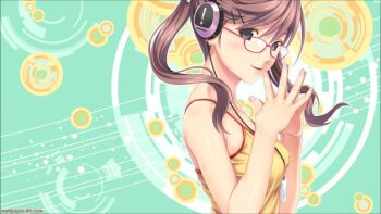 1girl artist_request bare_arms bare_shoulders blue_eyes brown_hair character_request copyright_request glasses headphones koutaro long_hair looking_at_viewer nail_polish non-web_source shirt solo source_request twintails upper_body yellow_shirt