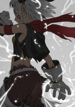 1boy aegiomon animal_legs black_vest body_fur brown_fur digimon digimon_(creature) electricity facial_mark from_behind gloves grey_background hada_toshiya highres horns no_shirt pointy_ears red_scarf scarf short_hair simple_background solo vest white_gloves white_hair