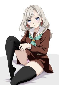 1girl alternate_legwear aqua_neckerchief black_thighhighs blue_eyes brown_dress ceras_yanagida_lilienfeld collarbone commentary dress dressing floral_print floral_print_panties grey_hair hair_ribbon hashtag-only_commentary hasu_no_sora_school_uniform highres knee_up link!_like!_love_live! long_hair long_sleeves looking_at_viewer love_live! love_love_comedy neckerchief panties pantyshot parted_lips pink_panties print_panties red_ribbon ribbon sailor_collar sailor_dress school_uniform short_dress simple_background sitting solo thighhighs underwear virtual_youtuber white_background white_sailor_collar winter_uniform