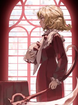 Rule 34 | 1girl, blonde hair, bow, braid, closed mouth, collared dress, commentary request, curly hair, dress, elly (touhou), frilled shirt collar, frilled sleeves, frills, half up braid, hat, hat bow, highres, holding, holding scythe, holding unworn clothes, holding unworn hat, holding weapon, indoors, kaigen 1025, long sleeves, lotus land story, red bow, red dress, ribbon, scythe, serious, short hair, standing, sun hat, touhou, touhou (pc-98), unworn hat, unworn headwear, weapon, white hat, window, yellow eyes