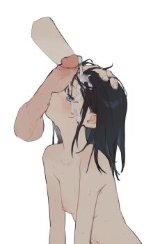 1boy 1girl after_fellatio bare_shoulders black_hair blue_eyes blush breasts collarbone completely_nude cum cum_on_body cum_on_hair cum_on_penis cum_string cumdrip disembodied_hand disembodied_penis ejaculation erection facial fellatio from_side half-closed_eyes hand_in_another's_hair hand_on_another's_head head_grab hetero licking licking_penis loli long_hair looking_at_penis looking_up medium_hair nipples nose_blush nude open_mouth oral original out_of_frame penis penis_on_face penis_over_one_eye profile simple_background sitting small_breasts solo_focus sweat tagme testicles tongue tongue_out uncensored upper_body wani4ni white_background