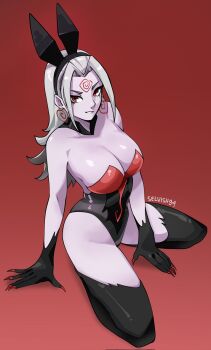 1girl adapted_costume animal_ear_hairband animal_ears black_eyeshadow black_gloves black_leotard breasts cleavage colored_skin corruption covered_navel dark_persona detached_collar eyeshadow fake_animal_ears gloves grey_skin hairband hela_(marvel) hela_(queen_in_black)_(marvel) highleg highleg_leotard highres large_breasts leotard long_hair looking_at_viewer makeup marvel marvel_rivals playboy_bunny possessed possession rabbit_ear_hairband rabbit_ears red_eyes red_leotard selvish94 solo strapless strapless_leotard symbiote thighhighs thor_(marvel)_(series) white_hair