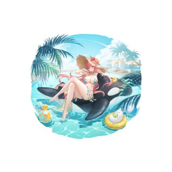 1girl absurdres artist_request ball beach_umbrella beachball bikini blue_bikini blue_sky breasts chair cloud crossed_legs flower full_body hat hat_flower highres inflatable_orca inflatable_toy large_breasts long_hair looking_at_viewer lounge_chair official_art outdoors palm_tree pink_hair pool pool_ladder purple_eyes sky smile straw_hat swimsuit transparent_background tree umbrella victorious_(warship_girls_r) warship_girls_r water