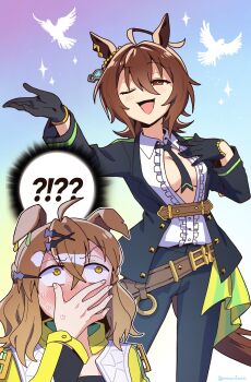 2girls ;d agnes_tachyon_(umamusume) ahoge animal animal_ears belt bird black_gloves black_jacket black_necktie black_pants blue_background blush brown_belt brown_hair buttons center_frills center_opening collared_shirt commentary_request cosplay covering_own_mouth crossed_bangs ear_ornament frills fuji_kiseki_(shooting_star_revue)_(umamusume) fuji_kiseki_(umamusume) fuji_kiseki_(umamusume)_(cosplay) gloves gradient_background green_background hair_between_eyes hair_ornament hairclip highres horse_ears horse_girl horse_tail jacket jungle_pocket_(champion's_battle_cry)_(umamusume) jungle_pocket_(umamusume) korean_commentary long_sleeves looking_at_viewer mazu1kan medium_hair multicolored_hair multiple_girls necktie notched_ear one_eye_closed open_mouth pants partially_unbuttoned purple_background red_eyes shirt smile tail two-tone_hair umamusume white_bird white_hair white_shirt yellow_eyes yellow_jacket