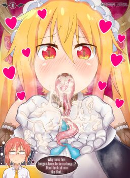 2girls absurdres blonde_hair blush cum cum_in_mouth cum_on_body cum_on_clothes cum_on_hands cum_on_tongue cupping_hands deviltokyo dragon_horns english_text gloves highres horns imagining kobayashi-san_chi_no_maidragon kobayashi_(maidragon) long_hair long_tongue looking_at_viewer maid maid_headdress multiple_girls open_mouth own_hands_together pink_hair speech_bubble tohru_(maidragon) tongue tongue_out white_gloves