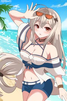 1girl ahoge arknights arm_up beach belt blue_bow blue_shorts blush bow breasts brown_eyes cleavage commentary cowboy_shot day eyewear_on_head grey-framed_eyewear grey_hair hair_between_eyes highres kuwan4971 large_breasts long_hair looking_at_viewer navel official_alternate_costume orange-tinted_eyewear outdoors parted_lips polka_dot polka_dot_bow short_shorts shorts skadi_(arknights) skadi_(waverider)_(arknights) solo standing tinted_eyewear very_long_hair water white_belt