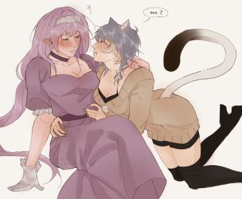 2girls animal_ear_fluff animal_ears black_boots black_shorts blush boots braid breasts brown_sweater castorice_(honkai:_star_rail) cat_ears cat_girl cat_tail cipher_(honkai:_star_rail) cleavage commentary dress ear_blush english_commentary esturieo gloves grey_hair hand_on_another&#039;s_shoulder hands_on_another&#039;s_waist highres honkai:_star_rail honkai_(series) long_hair long_sleeves looking_at_another medium_breasts multiple_girls parted_lips pointy_ears purple_dress purple_eyes purple_hair shorts simple_background smile speech_bubble sweater tail thigh_boots twin_braids white_background white_gloves yuri