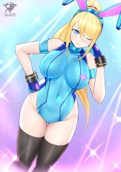 Rule 34 | 1girl, absurdres, alternate costume, animal ears, armlet, artist logo, black thighhighs, blonde hair, blue eyes, blue gloves, blue hairband, blue leotard, breasts, clenched hands, closed mouth, covered navel, cowboy shot, fake animal ears, gloves, groin, hairband, hand on own hip, high ponytail, highleg, highleg leotard, highres, kaos art, large breasts, leotard, long hair, looking at viewer, metroid, mole, mole under mouth, nintendo, one eye closed, playboy bunny, rabbit ears, rabbit tail, samus aran, smile, solo, sparkle, tail, thigh gap, thighhighs, thighs, very long hair