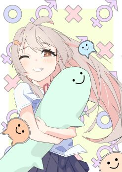 Rule 34 | 1girl, ;), absurdres, ahoge, bare arms, black skirt, brown eyes, commentary, grin, hair ornament, hairclip, highres, hugging object, light blush, long hair, looking at viewer, male-female symbol, one eye closed, onii-chan wa oshimai!, oyama mahiro, pink hair, pleated skirt, shirt, short sleeves, skirt, smile, solo, stuffed toy, upper body, white shirt, yellow bear2