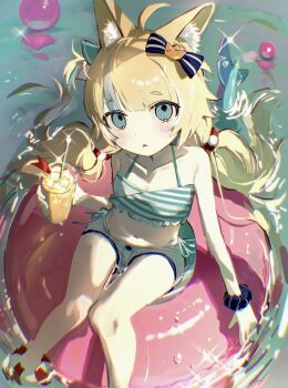 1girl ahoge animal_ear_fluff animal_ears blonde_hair blue_eyes blue_hair bow breasts cat_ears commentary_request cup denim denim_shorts drinking_glass drinking_straw fins fish_gi fish_tail hair_bow highres holding holding_cup indie_virtual_youtuber innertube long_hair looking_at_viewer low_twintails m888992l7 multicolored_hair on_innertube sameko_saba shorts small_breasts solo streaked_hair swim_ring tail triangle_mouth twintails virtual_youtuber