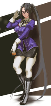 Rule 34 | 1girl, absurdly long hair, black eyes, black hair, black skirt, boots, breasts, cup, drinking glass, full body, gloves, holding, holding cup, jacket, juliet sleeves, kantai collection, long hair, long sleeves, medium breasts, military uniform, miniskirt, nachi (kancolle), nachi kai ni (kancolle), pantyhose, pencil skirt, puffy sleeves, purple jacket, side ponytail, skirt, solo, standing, user acpx2878, very long hair, white gloves, white pantyhose