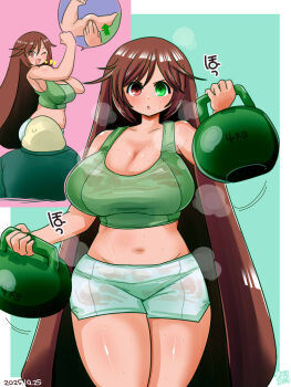 1boy 1girl 2channel alternate_breast_size_(larger) alternate_costume blush breasts brown_hair cowboy_shot dated exercising green_eyes green_sports_bra heterochromia highres huge_breasts itini-sanshi kettlebell large_breasts long_hair midriff navel open_mouth red_eyes rozen_maiden shorts smile solo_focus sports_bra suiseiseki sweat very_long_hair weightlifting white_shorts yaruo
