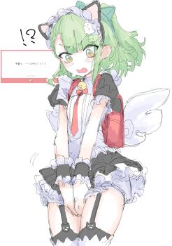 !? 1girl absurdres animal_ear_hairband animal_ears bag bell black_dress black_garter_straps blush cat_ear_hairband cat_ears commentary_request dress dress_tug fake_animal_ears frilled_dress frills garter_straps ghost_hair_ornament green_eyes green_hair hair_ornament hairband hairclip highres maid maid_headdress marshmallow_(site) mocamocaink motion_lines multiple_hairclips neck_bell official_alternate_costume open_mouth red_bag request_inset simple_background solo sunna_(afternoon_tea_break)_(zenless_zone_zero) sunna_(zenless_zone_zero) white_background white_wings winged_bag wings zenless_zone_zero
