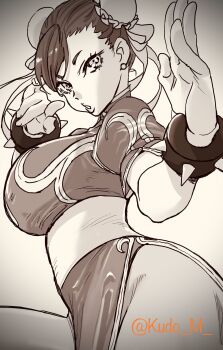 1girl bracelet breasts bun_cover capcom chinese_clothes chun-li commentary_request double_bun earrings fighting_stance greyscale hair_bun highres jewelry kudou_masashi large_breasts monochrome pantyhose puffy_short_sleeves puffy_sleeves sepia short_sleeves solo spiked_bracelet spikes street_fighter street_fighter_ii_(series) twitter_username watermark