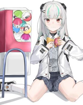 1girl absurdres admi_(nikke) ahoge blush bow bowtie eomung flat_chest gashapon goddess_of_victory:_nikke green_hair grey_hair grey_skirt grey_sweater hair_ornament hairclip highres holding jacket looking_at_viewer medium_hair multicolored_hair open_clothes open_jacket pleated_skirt shirt shoes sidelocks sitting skirt sneakers socks solo streaked_hair sweater wavy_mouth white_jacket white_shirt white_socks yellow_bow yellow_bowtie