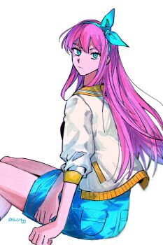 1girl artist_name aubrey_(faraway)_(omori) aubrey_(omori) blue_hairband blue_skirt bu3hgg closed_mouth denim denim_skirt double-parted_bangs from_behind hair_between_eyes hairband highres jacket long_hair long_sleeves looking_at_viewer omori simple_background sitting skirt solo twitter_username white_background white_jacket