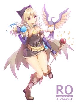 1girl alchemist_(ragnarok_online) ayamisiro bird blonde_hair blush boots breasts brown_cape brown_dress brown_footwear cape character_name closed_mouth commentary_request copyright_name deviruchi_hat dress elbow_gloves filir_(ragnarok_online) fingerless_gloves flask fold-over_boots full_body fur_collar gloves hat highres holding holding_staff long_hair looking_at_viewer medium_breasts potion pouch purple_gloves ragnarok_online red_eyes round-bottom_flask short_dress simple_background smile staff strapless strapless_dress white_background