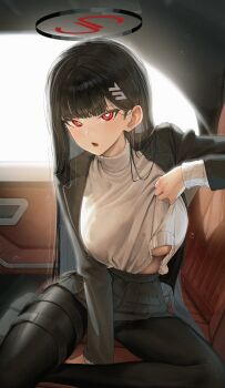 1girl absurdres black_hair black_pantyhose blazer blue_archive breasts car_interior hair_ornament hairclip halo highres holster jacket large_breasts long_hair looking_at_viewer no_bra open_mouth pantyhose pleated_skirt red_eyes ringed_eyes rio_(blue_archive) sitting skirt solo sweater tagua thigh_holster turtleneck turtleneck_sweater underboob white_sweater yokozuwari