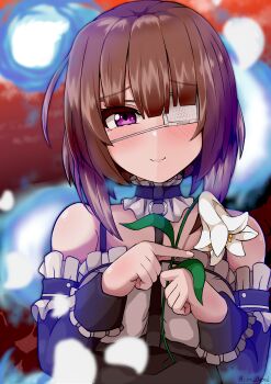 Rule 34 | 1girl, :3, absurdres, alternate costume, black choker, black dress, blunt bangs, blurry, blurry background, blush, brown hair, choker, closed mouth, commentary request, depth of field, detached sleeves, domidori, dress, eyepatch, eyes visible through hair, falling petals, flower, frilled choker, frilled sleeves, frills, furrowed brow, hands up, heaven burns red, highres, hiiragi kozue, hitodama, holding, holding flower, long sleeves, looking at viewer, medical eyepatch, medium hair, one eye covered, petals, purple eyes, signature, sleeveless, sleeveless dress, smile, solo, split mouth, upper body, white flower