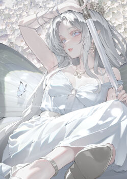 1girl absurdres arm_up armpits breasts bug butterfly butterfly_wings commentary_request dress earrings flower grey_hair highres holding holding_staff insect insect_wings jewelry long_hair looking_at_viewer multicolored_eyes necklace original parted_lips pointy_ears sharc solo staff white_dress white_flower white_nails white_theme wings