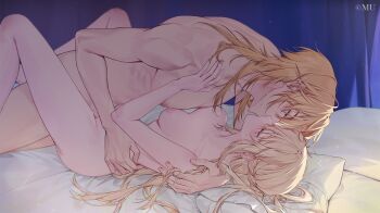 1boy 1girl blanket blonde_hair bow braid breasts closed_eyes completely_nude curtains ear_piercing game_asset gizeld hair_bow hand_on_another's_chest hand_on_another's_hip hand_on_another's_shoulder harihara_hari hetero indoors jellyfish_cut kiss long_hair looking_at_another nipples non-web_source nude official_art on_bed pectorals philia_kartner piercing pillow sex sky sweatdrop the_goddess_of_tears_~restoration~ vaginal variant_set visual_novel_cg white_bow