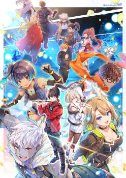 6+boys 6+girls a_(xenoblade) animal_ears border breasts brown_hair cat_ears cat_girl cleavage commentary_request eunie_(xenoblade) flute glimmer_(xenoblade) grey_hair group_picture high_ponytail highres holding holding_flute holding_instrument instrument jacket lanz_(xenoblade) large_breasts matthew_(xenoblade) mio_(xenoblade) multiple_boys multiple_girls na'el_(xenoblade) nikol_(xenoblade) noah_(xenoblade) outside_border ponytail red_jacket rex_(xenoblade) sena_(xenoblade) shulk_(xenoblade) skirt taion_(xenoblade) ui_frara white_border white_jacket white_skirt xenoblade_chronicles_(series) xenoblade_chronicles_3 xenoblade_chronicles_3:_future_redeemed